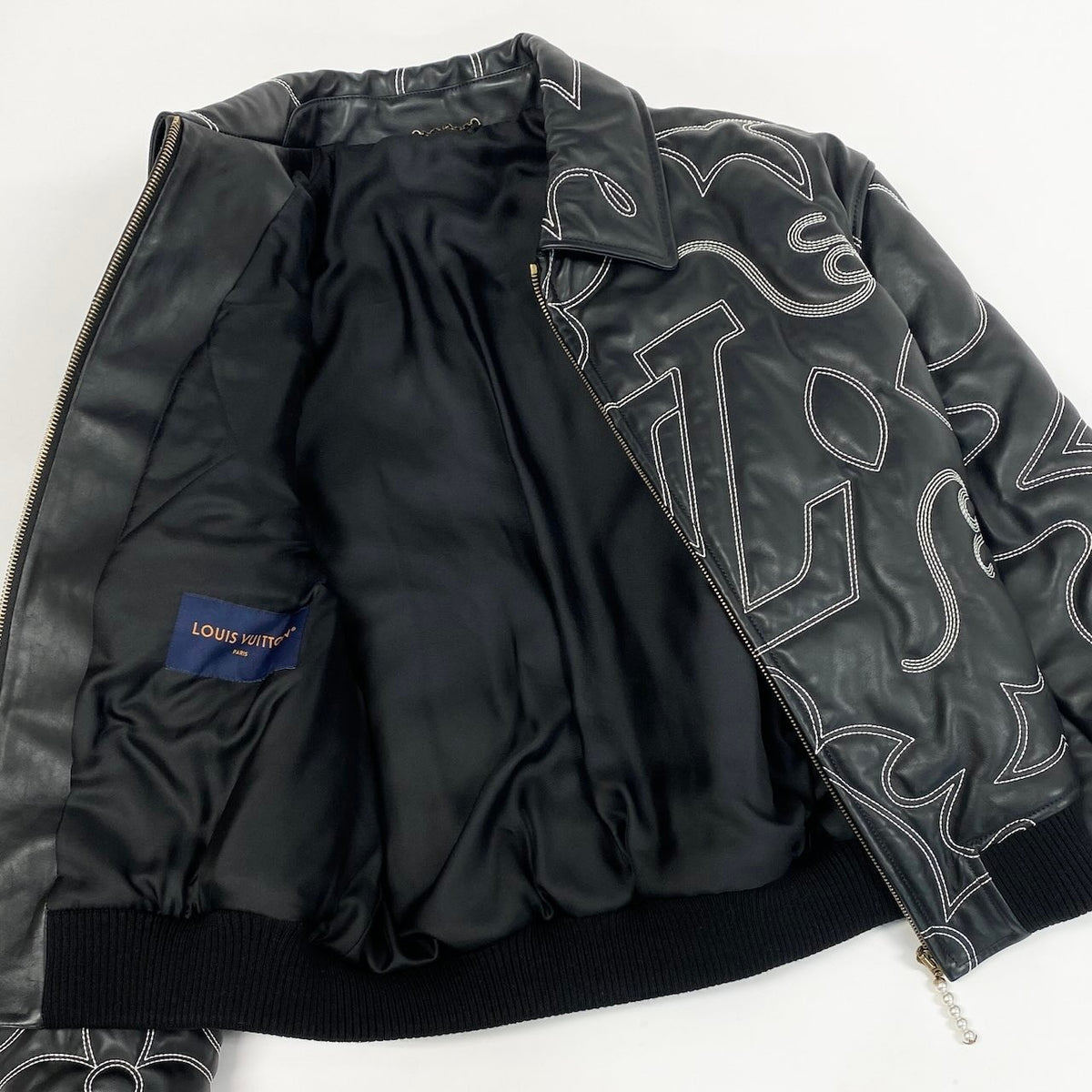 ＠d2 Louis Vuitton Embroidered Leather Bomber Jacket Black Size 52 Rare Men's Cowhide LVt18r