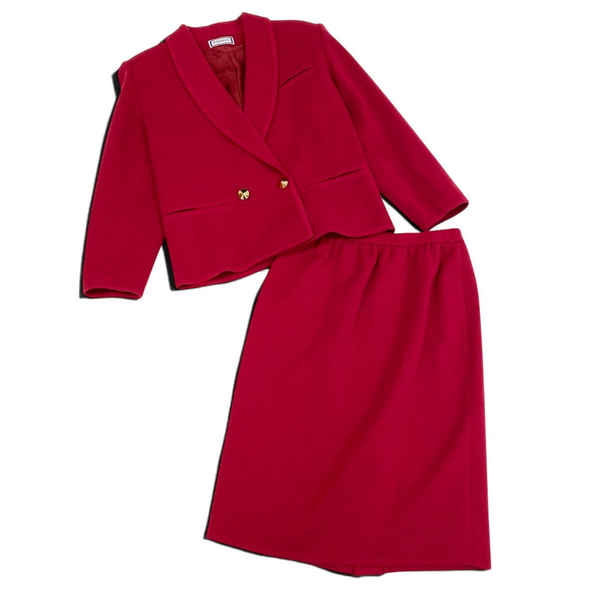 L Eh6  YVES SAINT LAURENT Skirt Suit Double Breasted Gold Button Knit Jacket Wool M Red Women o07t