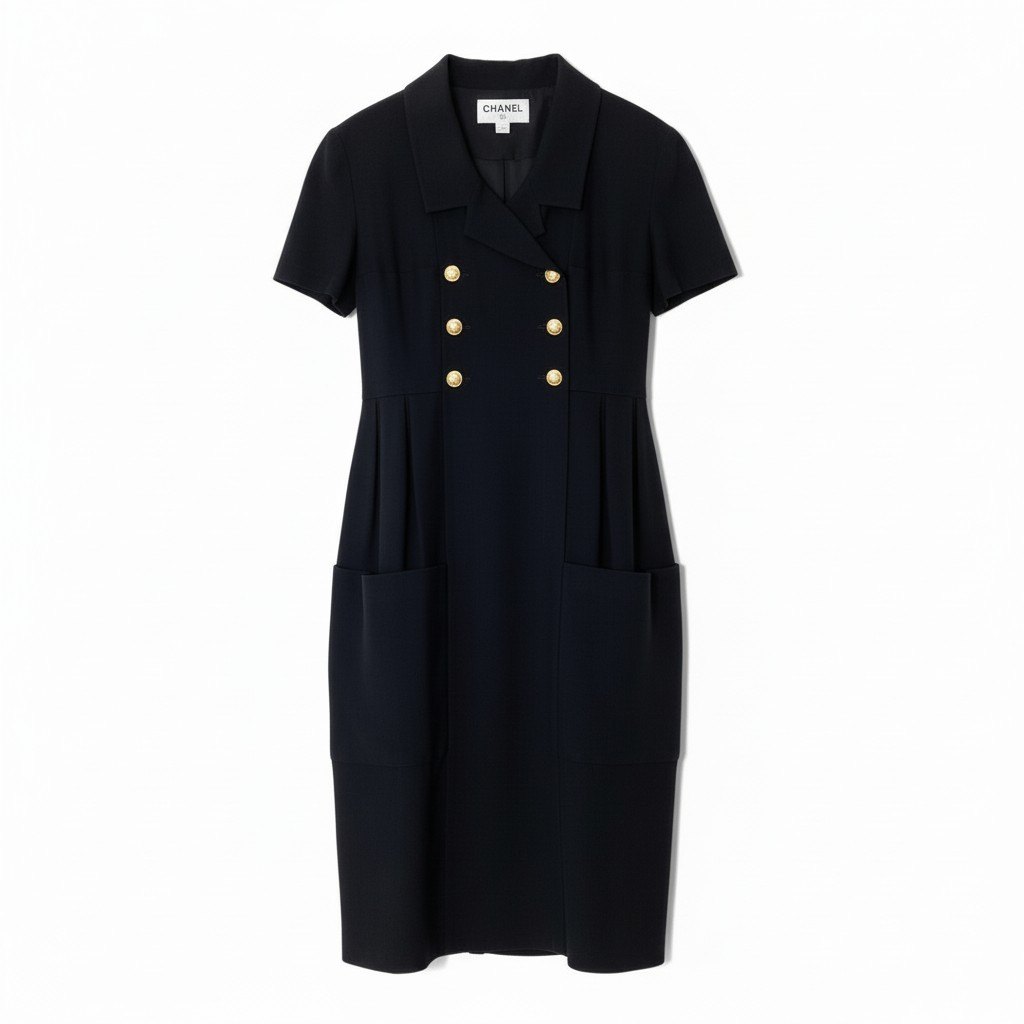 @C CHANEL 1990 VINTAGE Short Sleeve Dress Coco Mark Gold Button Black Size 42 Women Model 23079nu1