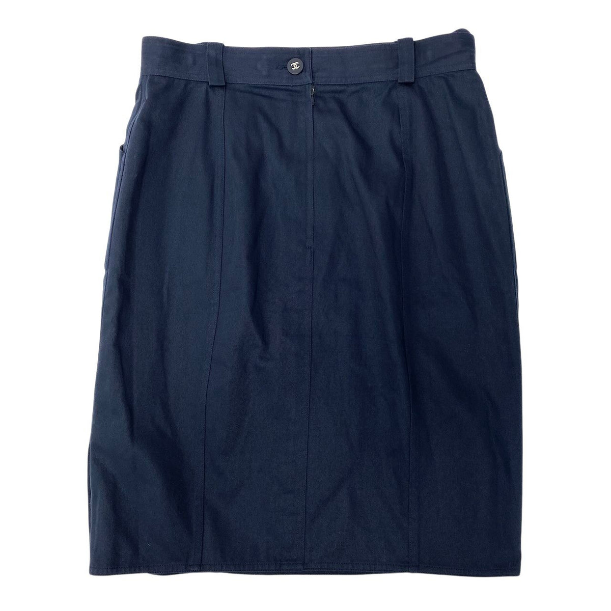 @Cd2 CHANEL Knee-Length Pencil Skirt Size 42 Navy Cotton 100% Coco Mark Button Women's Franceu02t