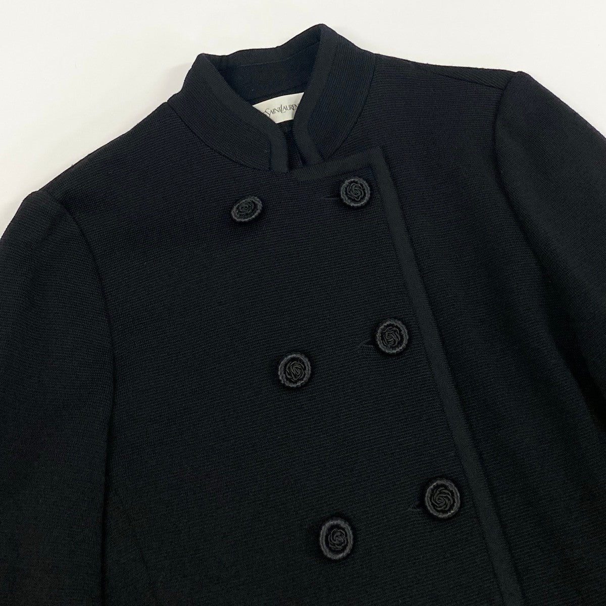 L Eh6 Yves Saint Laurent Vintage Collarless Knit Jacket Floral Buttons Wool M Black Women o07t