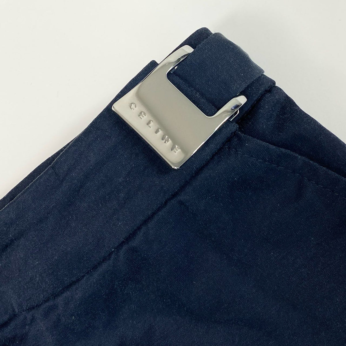 @Ed6 CELINE Knee-Length Pencil Skirt Size 36 Navy Side Logo Belt Stretch Women's Elegant Franceu02t