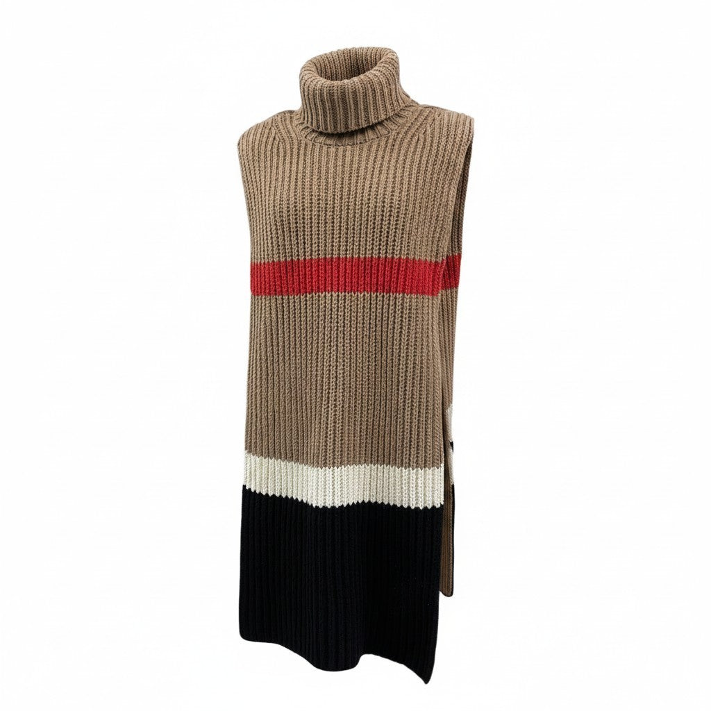 BURBERRY Women's Beige Chunky Knit Turtleneck Cape Poncho Sweater 146x40cm