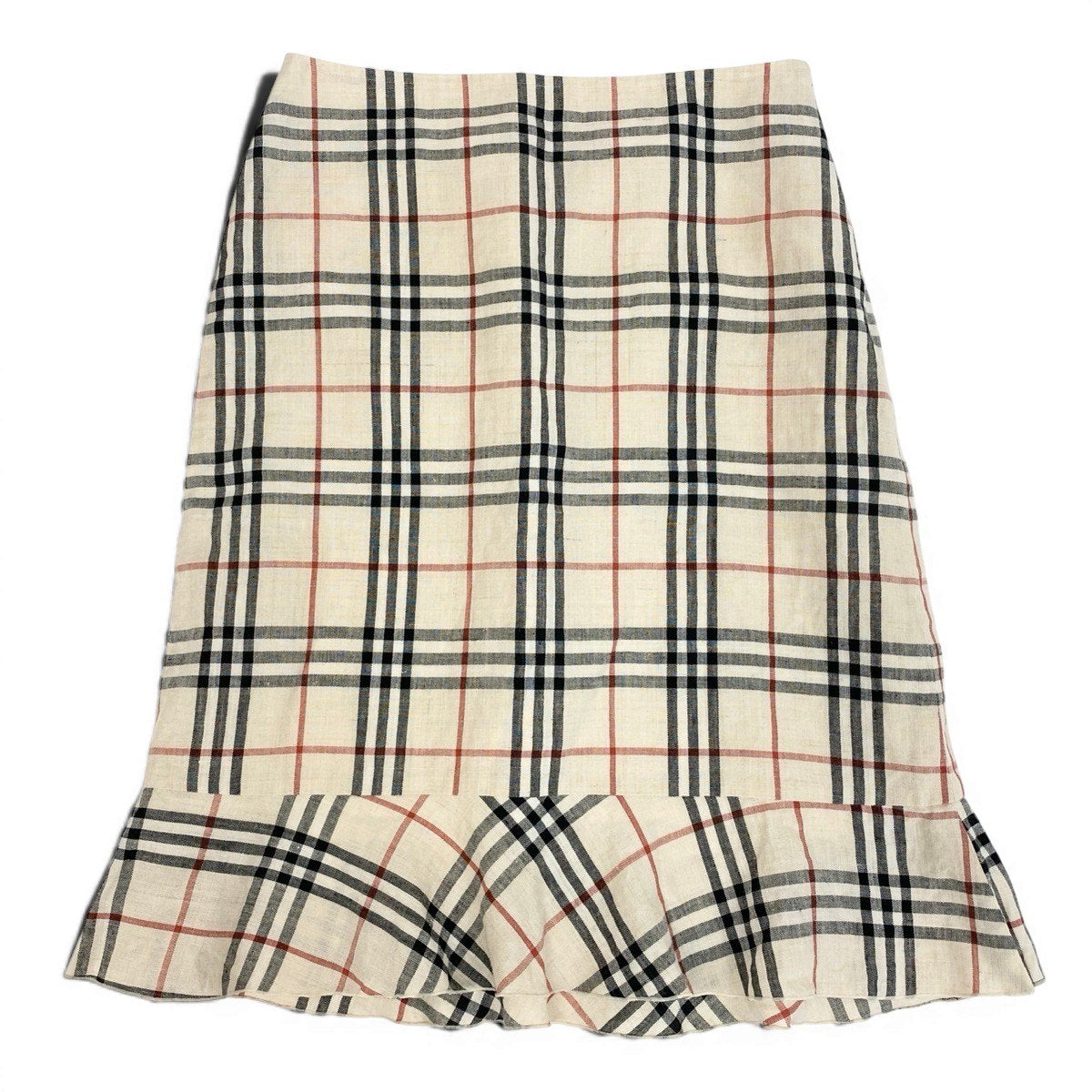 ＠Ig19 BURBERRY BLUE LABEL Nova Check Ruffle Hem Skirt Beige Linen Blend Size 36 Womeno07t
