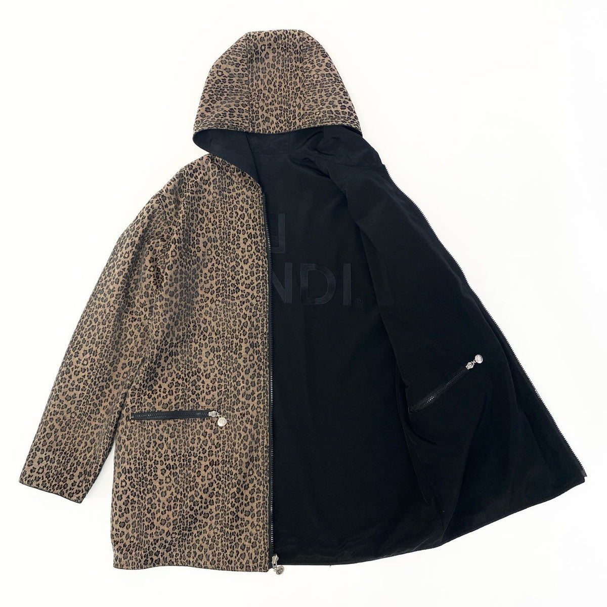 @ S Ib6 FENDI Logo Leopard Reversible Coat Brown Zip Up Unisexu02t