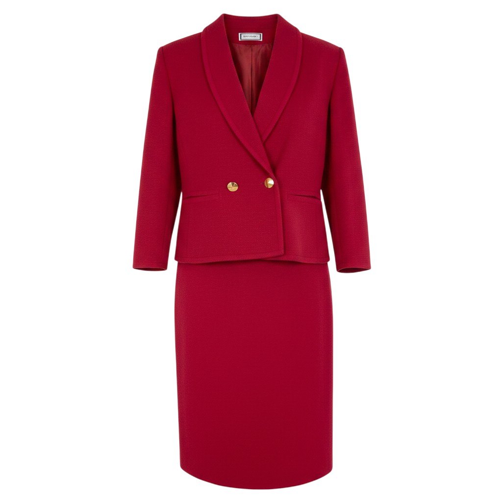 L Eh6  YVES SAINT LAURENT Skirt Suit Double Breasted Gold Button Knit Jacket Wool M Red Women o07t