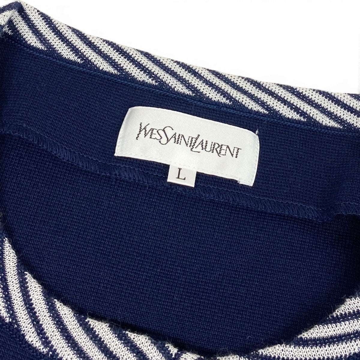 @M Eg11YVES SAINT LAURENT Collarless Striped Knit Coat Size L Navy Women o07t