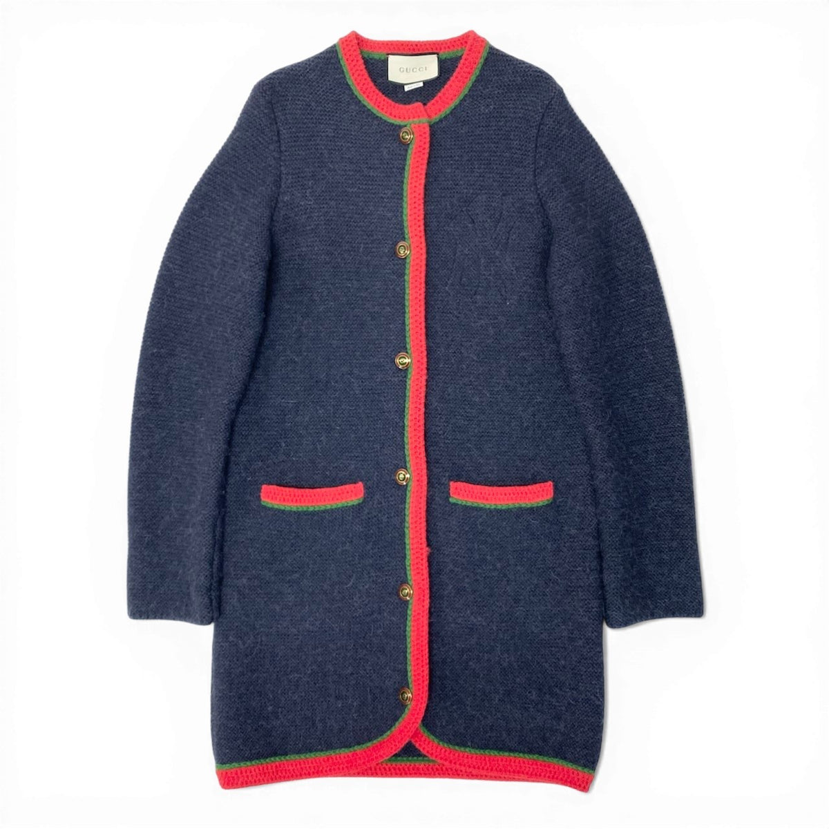 ＠S I GUCCI Wool Knit Long Cardigan Coat with Embroidered Logonu1