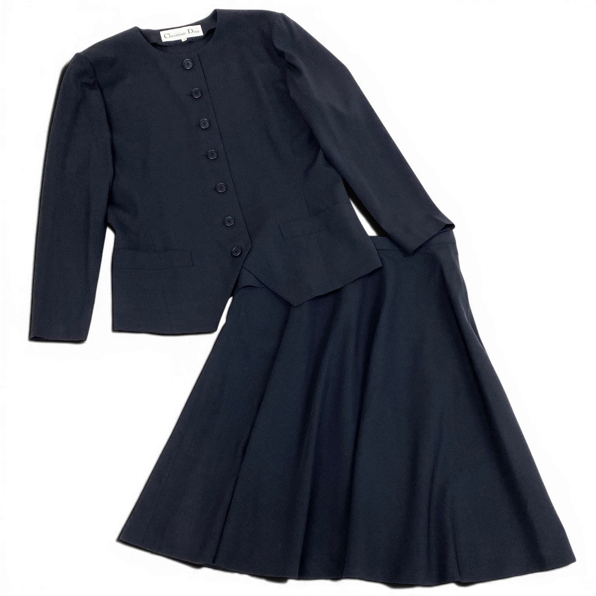 @L Eg11 Christian Dior Collarless Jacket Flare Skirt Suit Set Size 13 Navy Women o07t