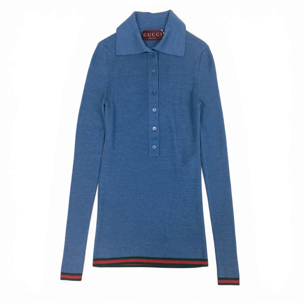 I@ Ab13 GUCCI 2026 Cashmere Silk Polo Knit Blue XS Web Stripe Womenta1