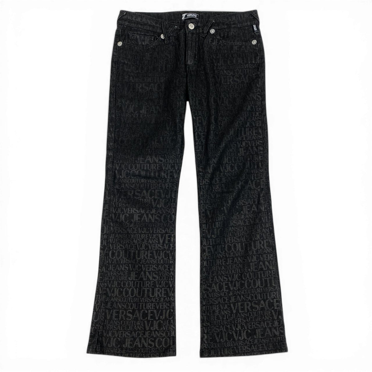 @Id9 VERSACE denim pants with all-over logo print, size 28.u02t