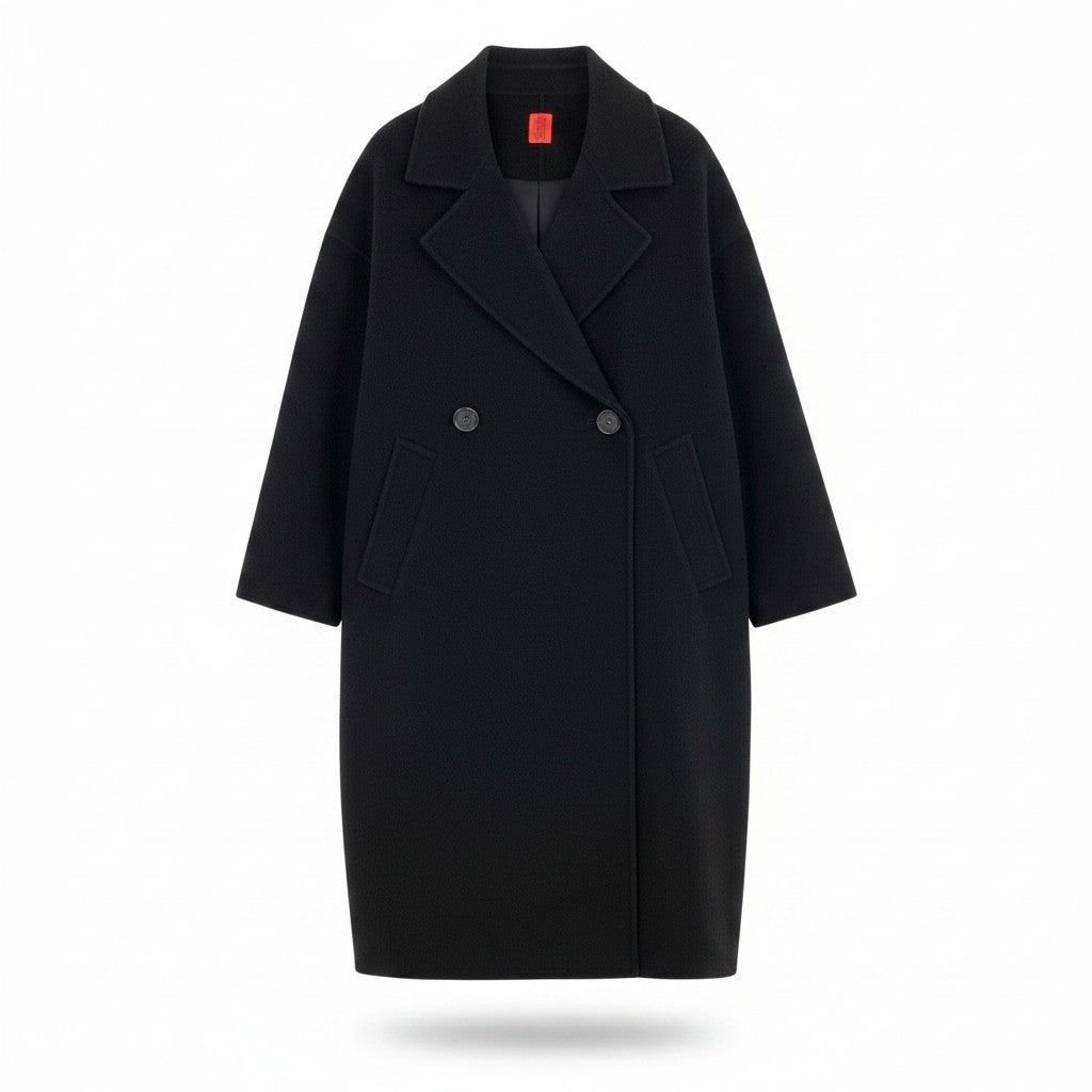 @H Af27 ISSEY MIYAKE Haat Double Breasted Long Wool Coat HA93FA710 Size 2 Black Women's
