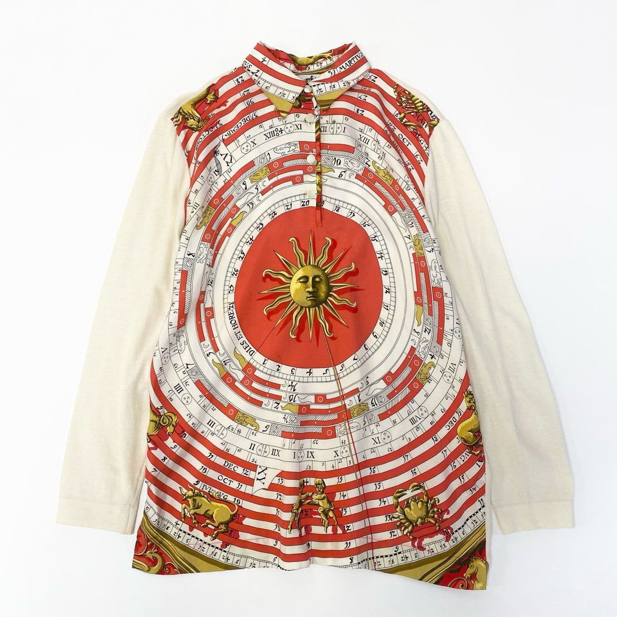 @ S Ia16 HERMES Dies et Hore Silk Long Sleeve Polo Whiteo07t