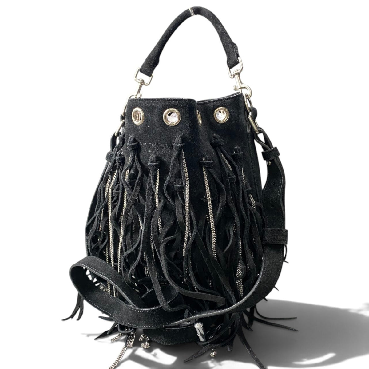 h21 SAINT LAURENT Fringe × Chain Bucket Shoulder Bag Black Leathert18r