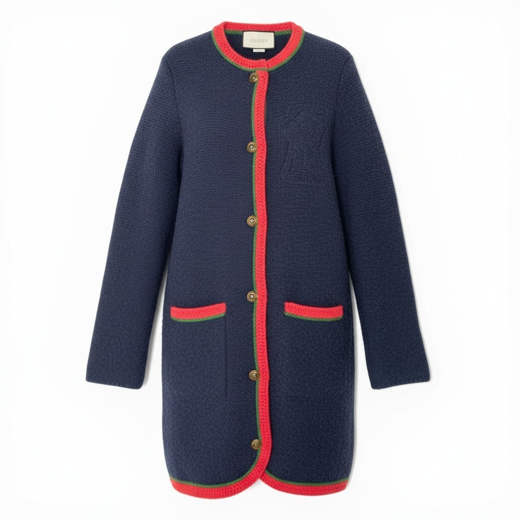 ＠S I GUCCI Wool Knit Long Cardigan Coat with Embroidered Logonu1