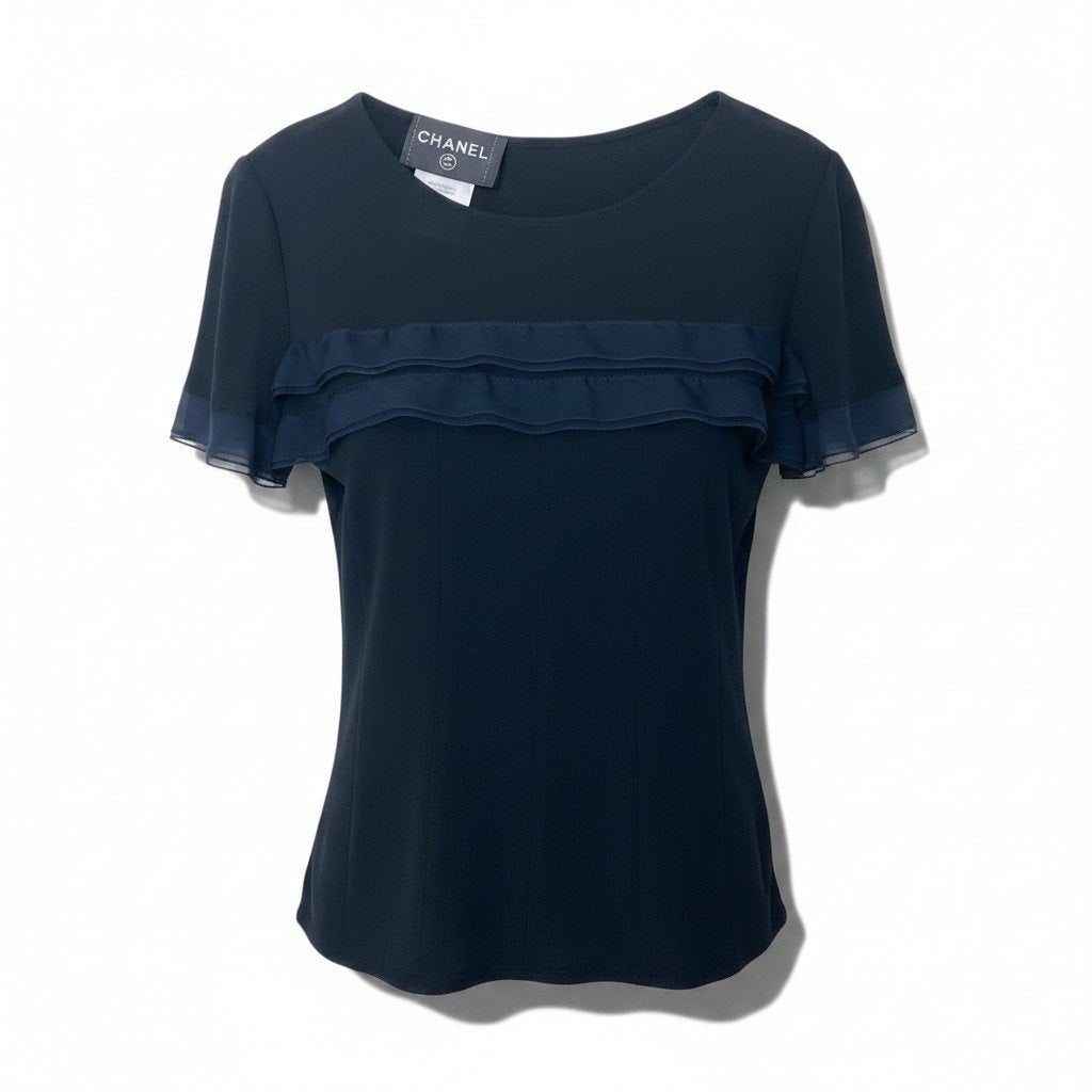 Ch1 CHANEL 2002 02P Short Sleeve Knit Sweater CC Logo Button P19048 Size 36u02t