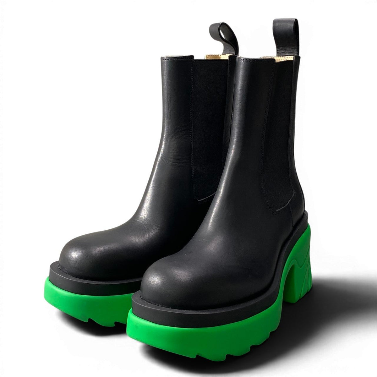 ＠e4 BOTTEGA VENETA Flash Chelsea Boots Black Green Leather Side Gore Platform Ankle Boots Size 37 Women’s Italyo07t