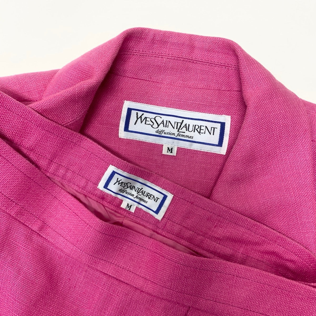 ＠Eg8 YVES SAINT LAURENT  Double Breasted Skirt Suit Set Gold Button Pink Linen Size M Women'so07t