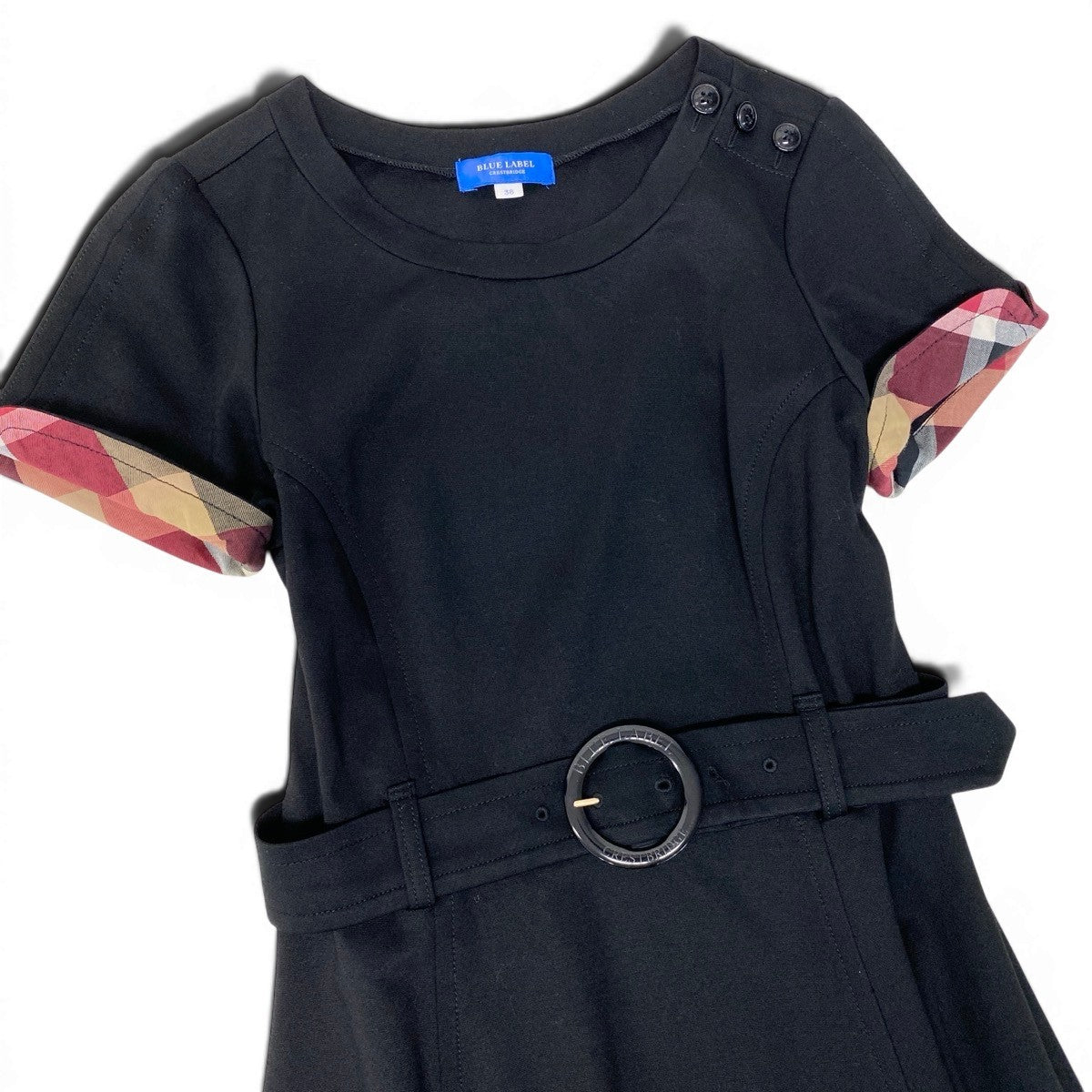 Eg9Blue Label Crestbridge Check A-Line Short Sleeve Dress Black Size 38 Women'so07t
