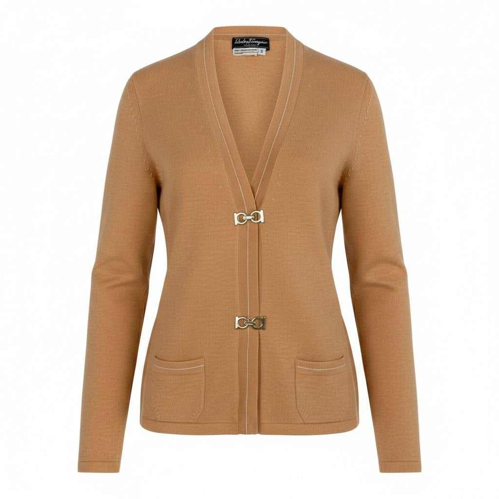 @E Ef27Salvatore Ferragamo Gancini Button Wool Knit Cardigan Size S Orange Women'so07t
