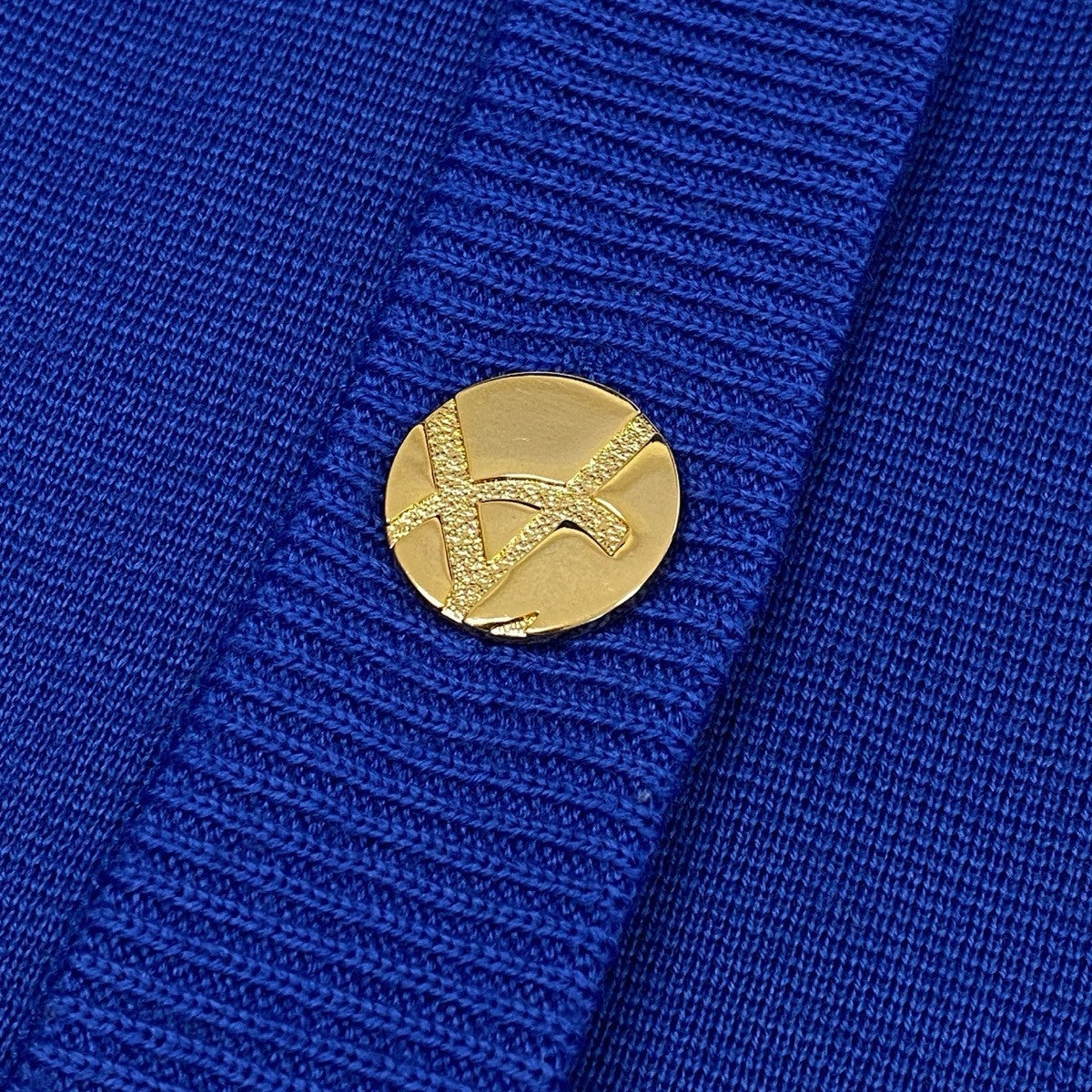L Eh6 Yves Saint Laurent YSL Logo Gold Button Knit Cardigan Wool Size L Blue Women o07t