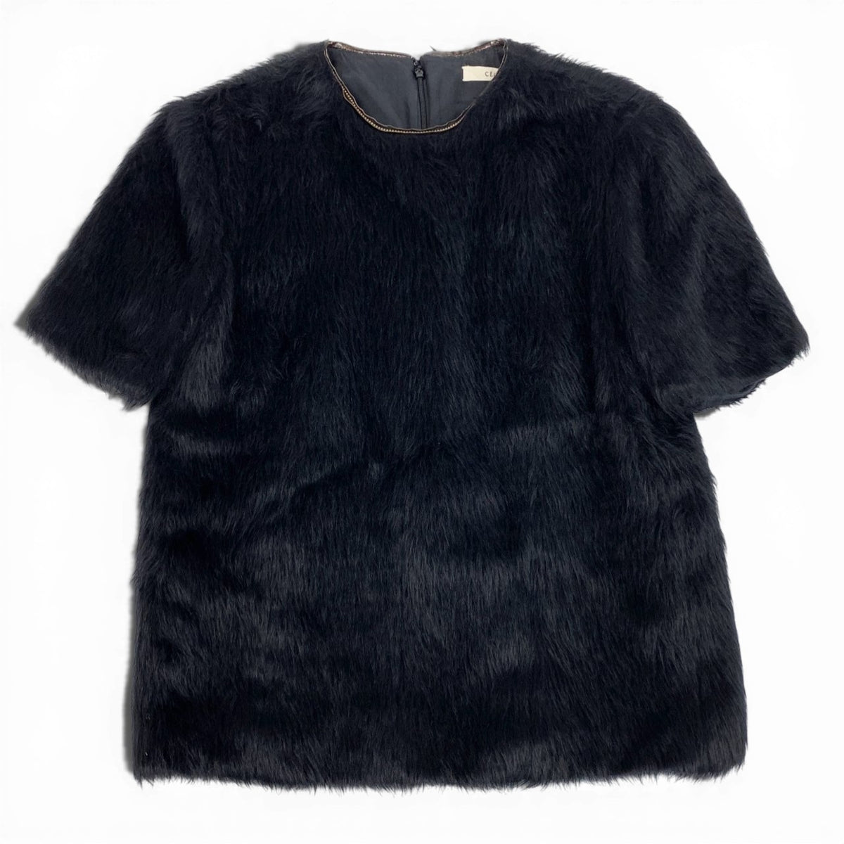 J@ Eb11 CELINE Phoebe-era alpaca wool blouse with fur trim, short sleeves, size 36, black, for womenk02i