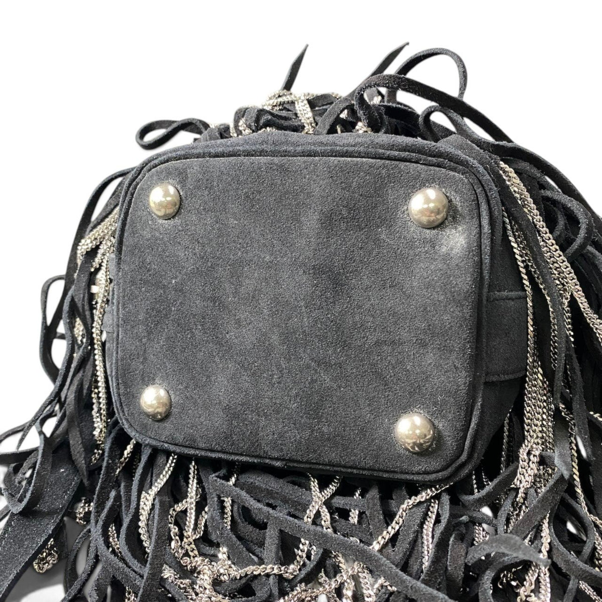 h21 SAINT LAURENT Fringe × Chain Bucket Shoulder Bag Black Leathert18r