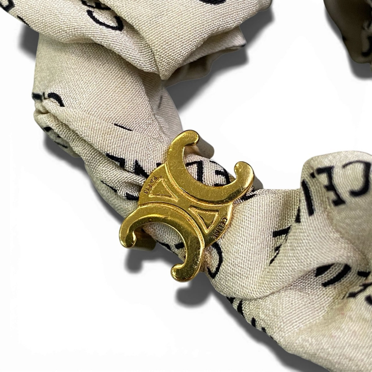@ b16 CELINE Triomphe Logo Silk Scrunchie Green Gold Franceta1