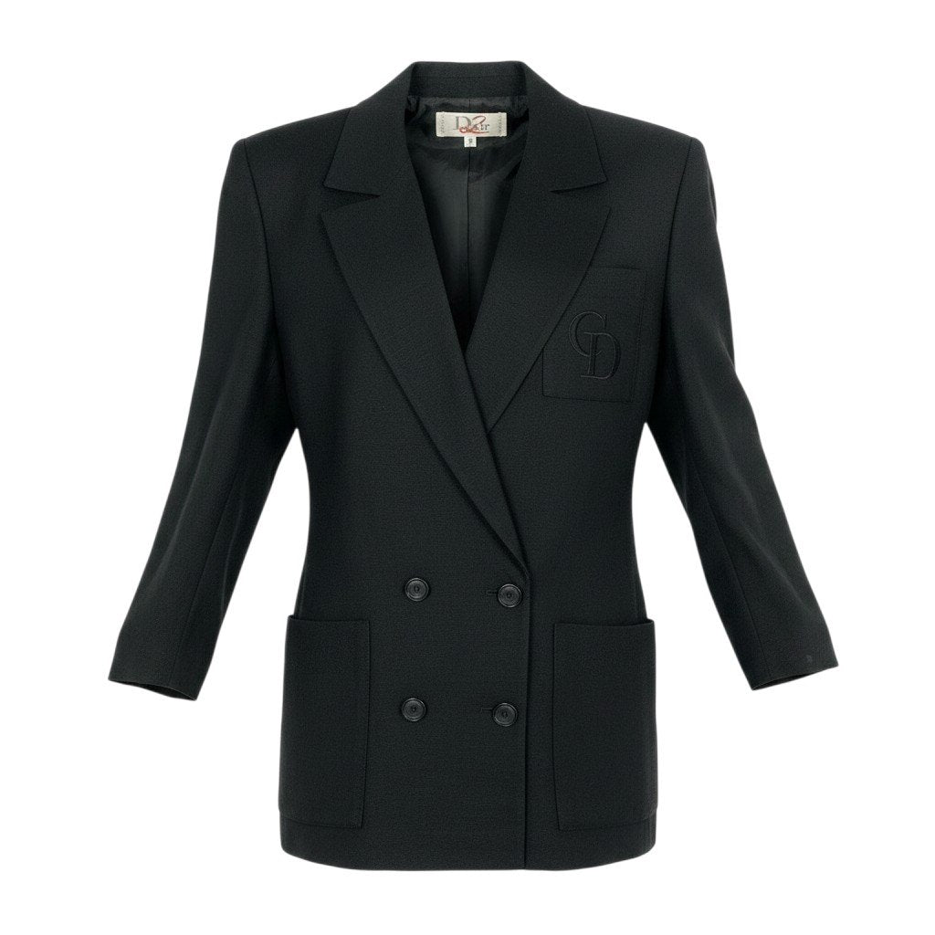 K Eh6Dior Double Breasted Tailored Jacket CD Logo Embroidery Linen Blend Size 40 Black Women o07t