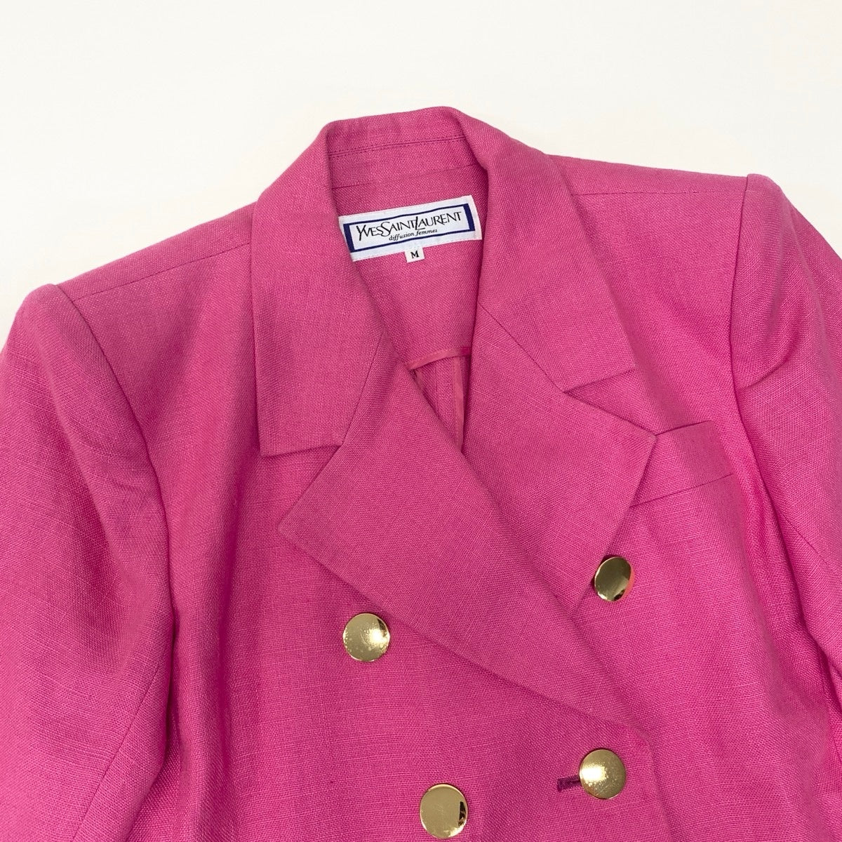 ＠Eg8 YVES SAINT LAURENT  Double Breasted Skirt Suit Set Gold Button Pink Linen Size M Women'so07t