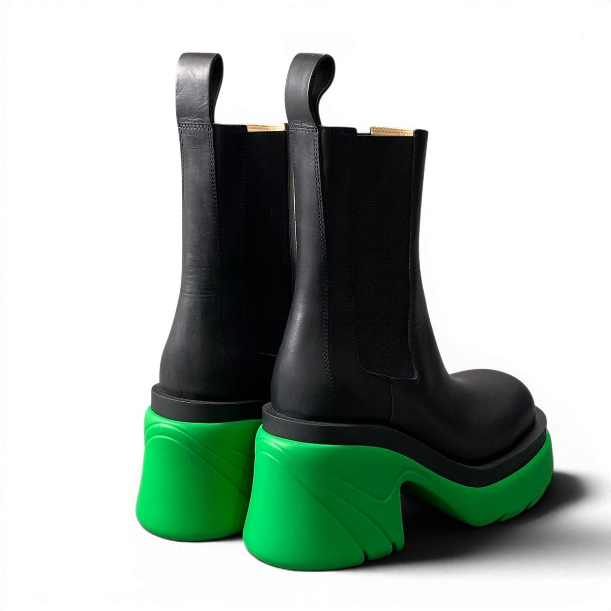＠e4 BOTTEGA VENETA Flash Chelsea Boots Black Green Leather Side Gore Platform Ankle Boots Size 37 Women’s Italyo07t