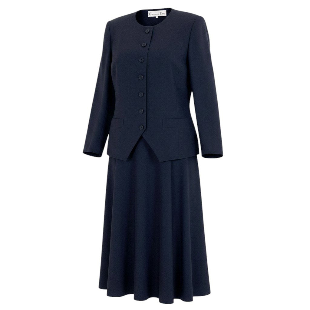 @L Eg11 Christian Dior Collarless Jacket Flare Skirt Suit Set Size 13 Navy Women o07t