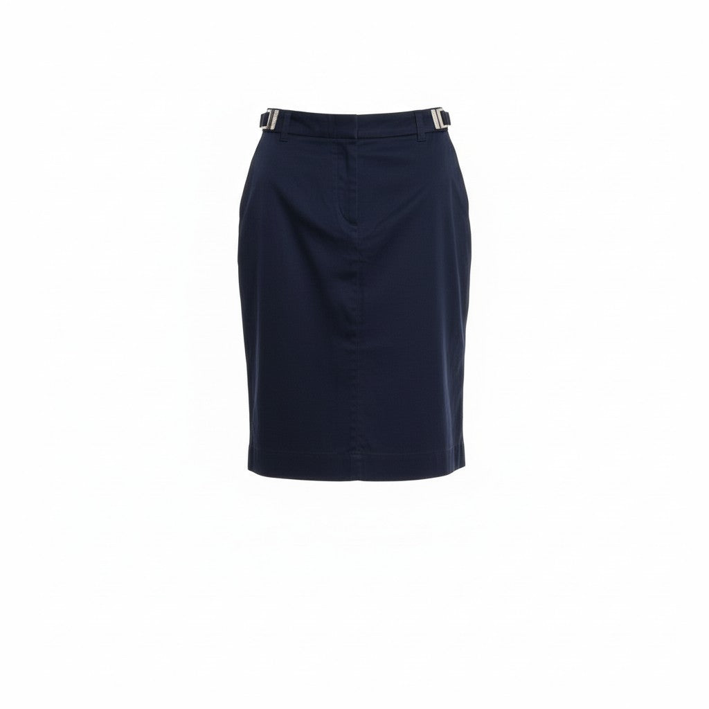 @Ed6 CELINE Knee-Length Pencil Skirt Size 36 Navy Side Logo Belt Stretch Women's Elegant Franceu02t