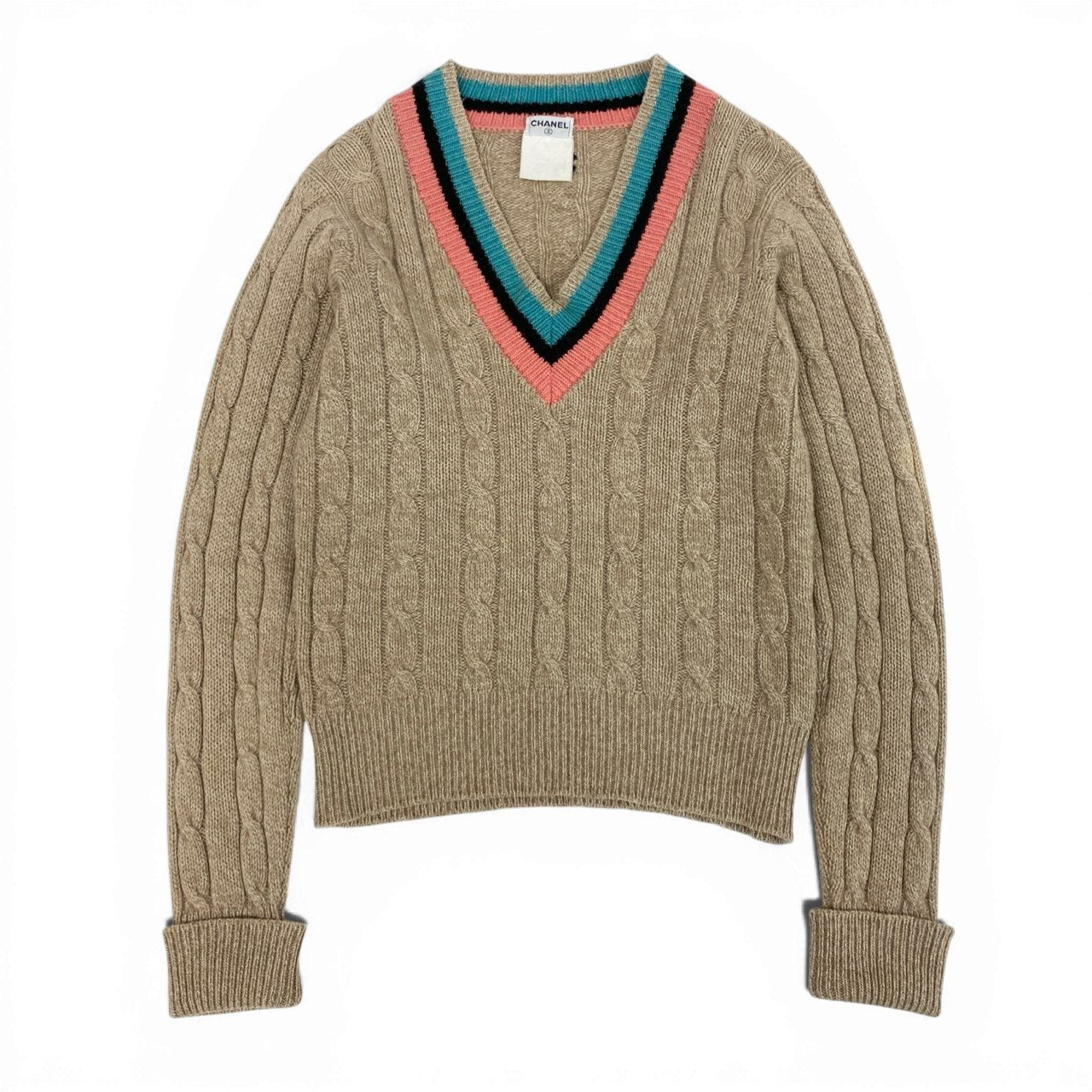 @ Cb9 CHANEL 1996 Cashmere School Knit Sweater Beige Coco Mark Size 42 Womenk02i