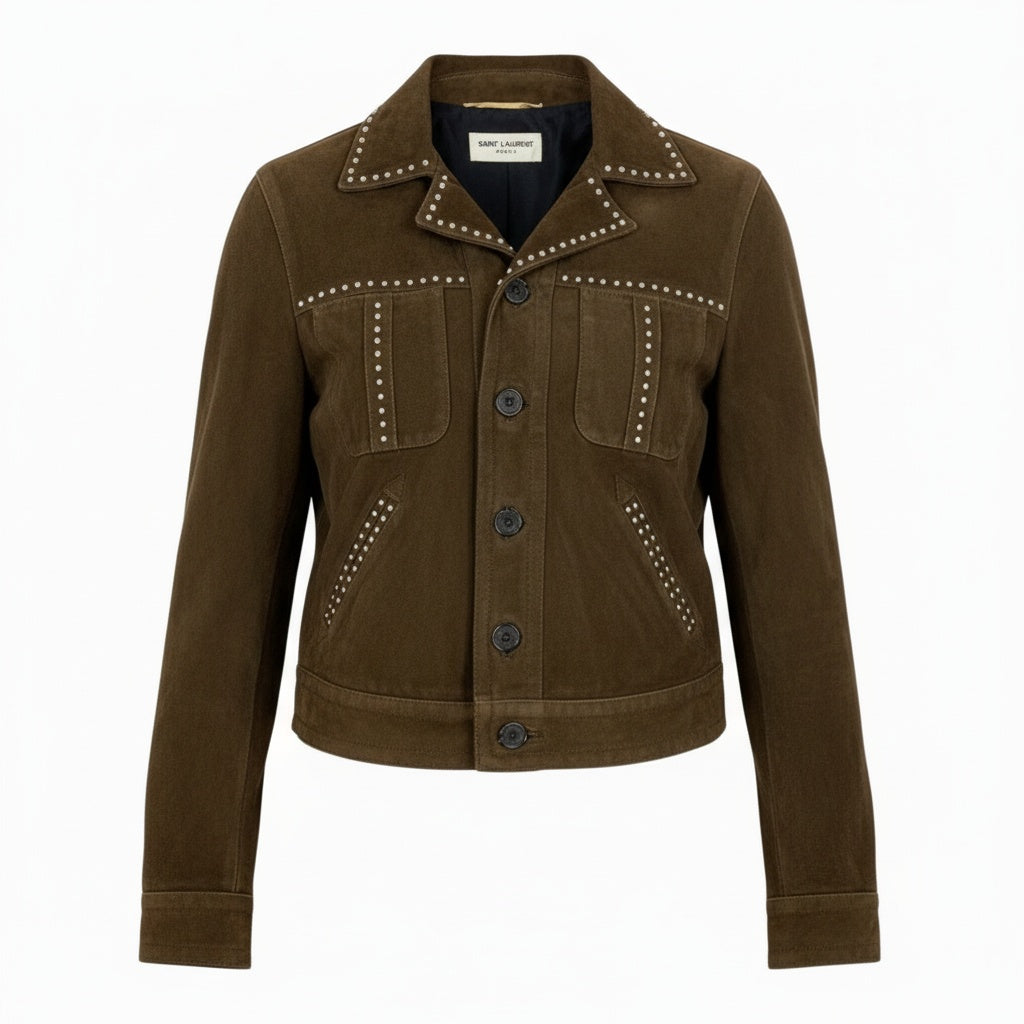 ＠Ab9 SAINT LAURENT Studded Western Jacket Brown Goat Leather Size 34 Womenk02i