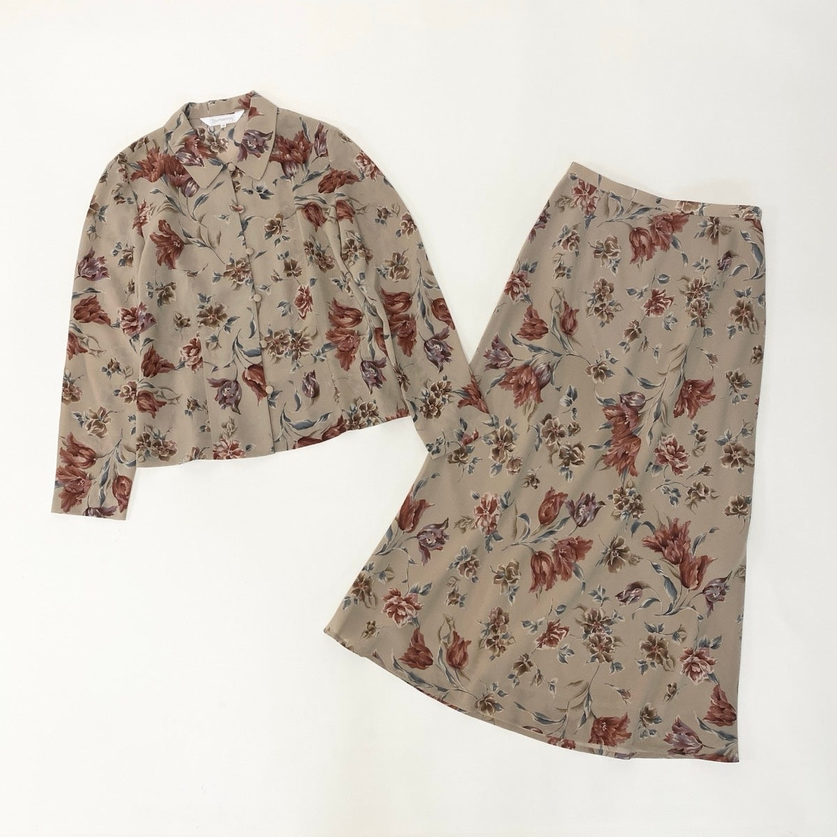 @Ef25 Burberrys Floral Sheer Shirt & Long Skirt Set Beige Size 38 Womeno07t