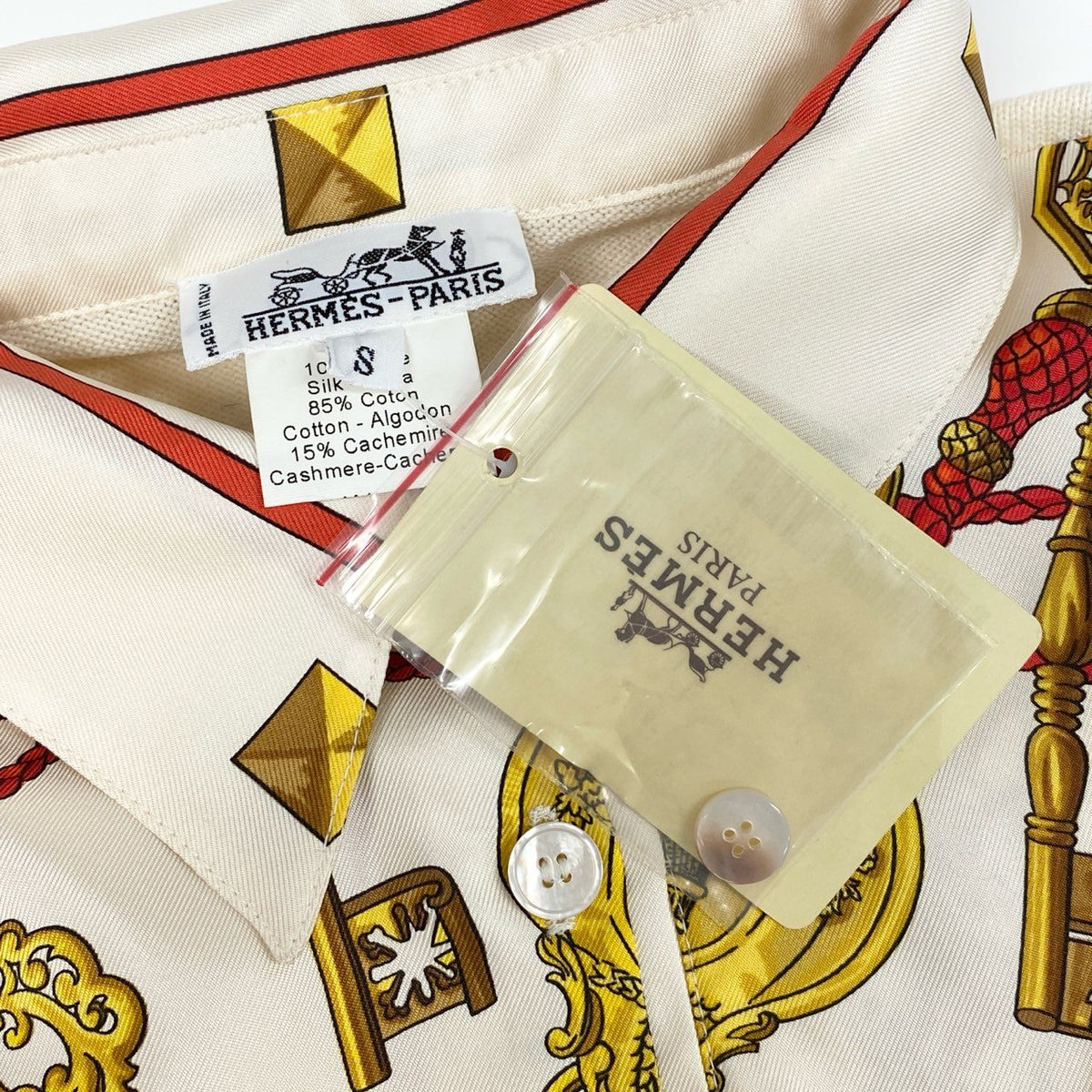 @S Ed7 HERMES Silk Long Sleeve Polo Shirt Size S White Women's POLO MANCHES LONGUESta1