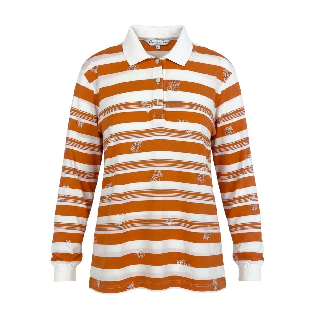 @Eg6 Christian Dior Sports Striped Long Sleeve Polo Shirt Orange White Cotton Size L Women'so07t