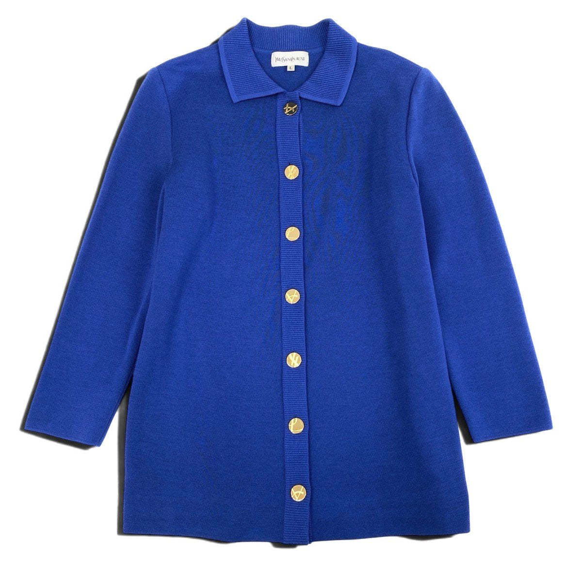 L Eh6 Yves Saint Laurent YSL Logo Gold Button Knit Cardigan Wool Size L Blue Women o07t