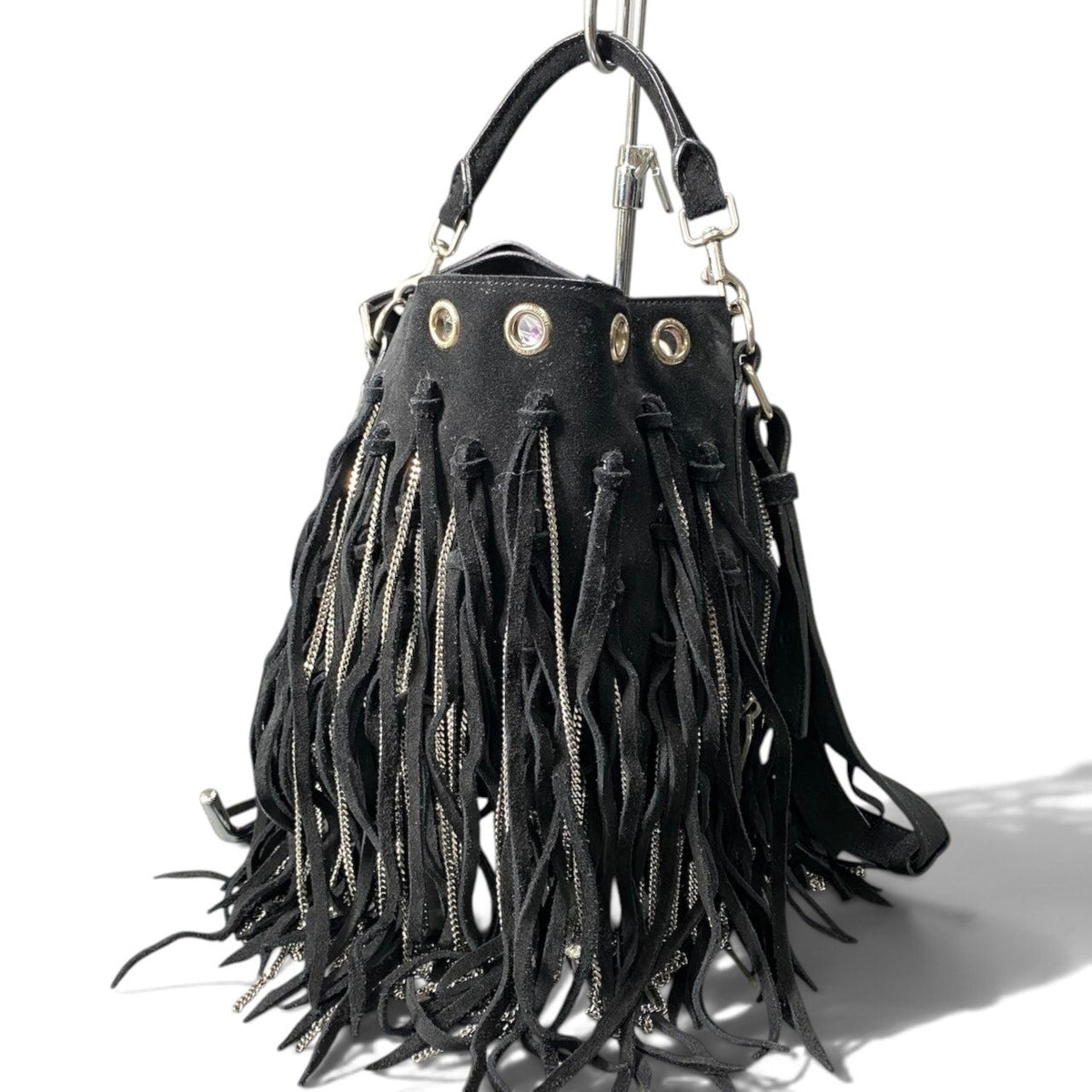 h21 SAINT LAURENT Fringe × Chain Bucket Shoulder Bag Black Leathert18r