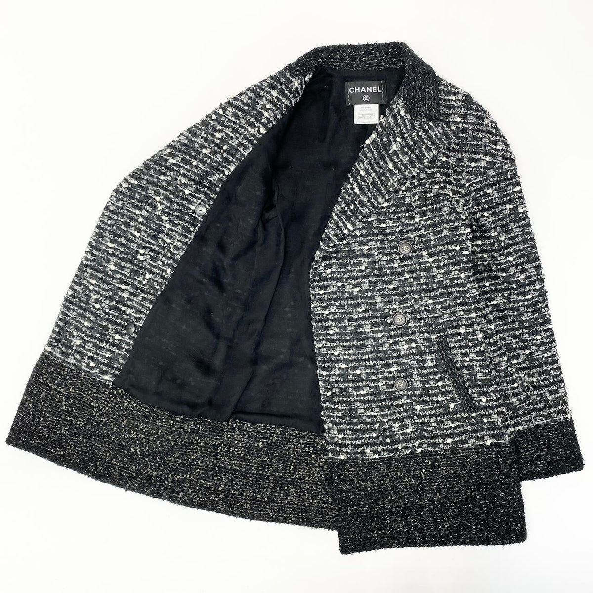 @Cd20 CHANEL Tweed Coat Jacket, Coco Button, Double-Breasted, P41804W04950, Size 38, Gray, Women'snu1