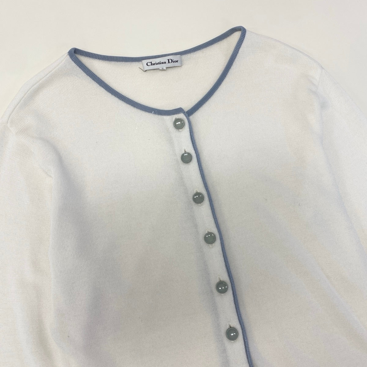 @H Eg8　Christian Dior CD Logo Bicolor Long Sleeve Knit Cardigan Size L White Women o07t