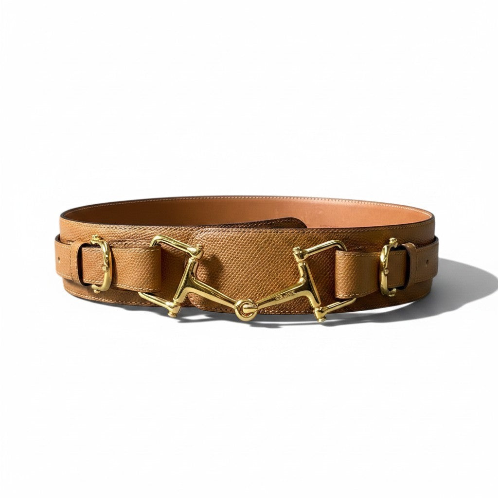 h12 CELINE Celine Horsebit Leather Belt, Size 80, Light Brown Leather with Gold-Tone Hardwareu02t