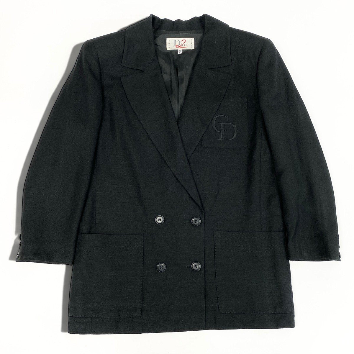K Eh6Dior Double Breasted Tailored Jacket CD Logo Embroidery Linen Blend Size 40 Black Women o07t