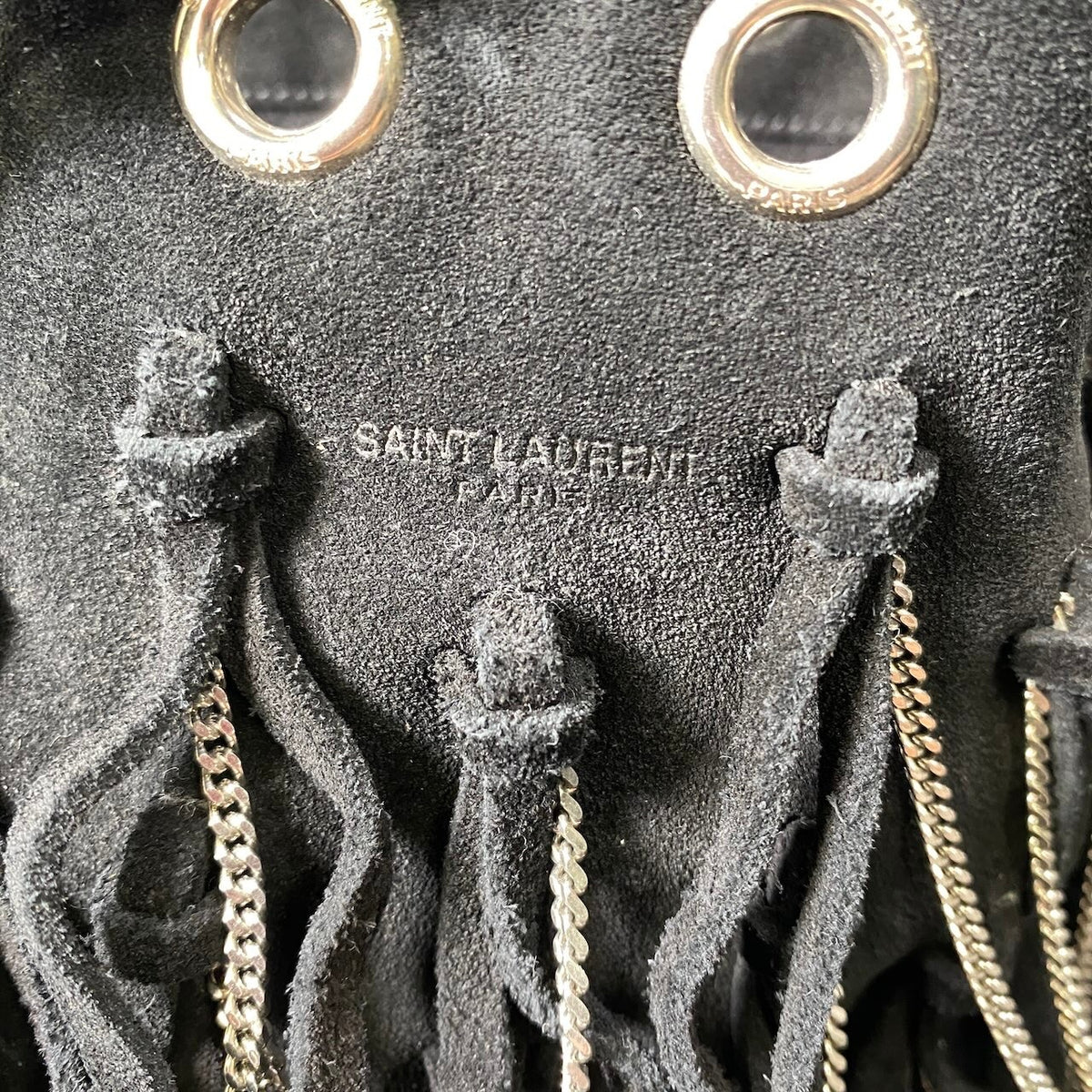 h21 SAINT LAURENT Fringe × Chain Bucket Shoulder Bag Black Leathert18r