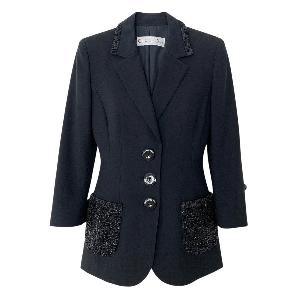 @L Eh10 Christian Dior Beaded Tailored Jacket Black Women’s Blazer Japan Vintage