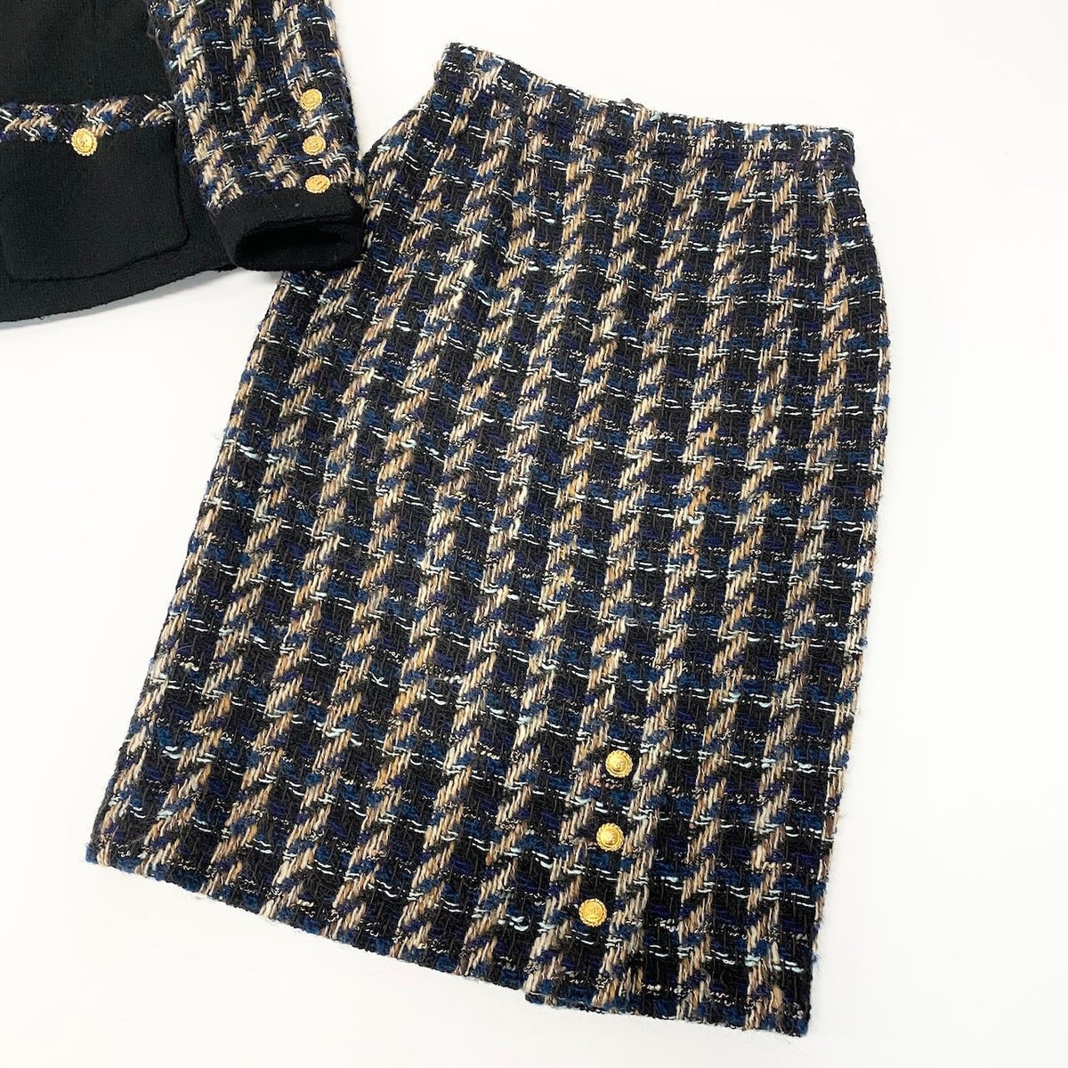 @C CHANEL Vintage 90s Skirt Suit Set Black Tweed Blue Plaidnu1