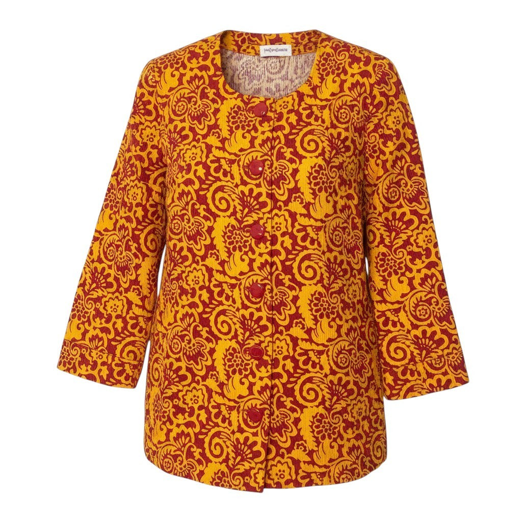 @Ef15 Yves Saint Laurent Print Collarless Jacket Orange Red Size M Women’so07t