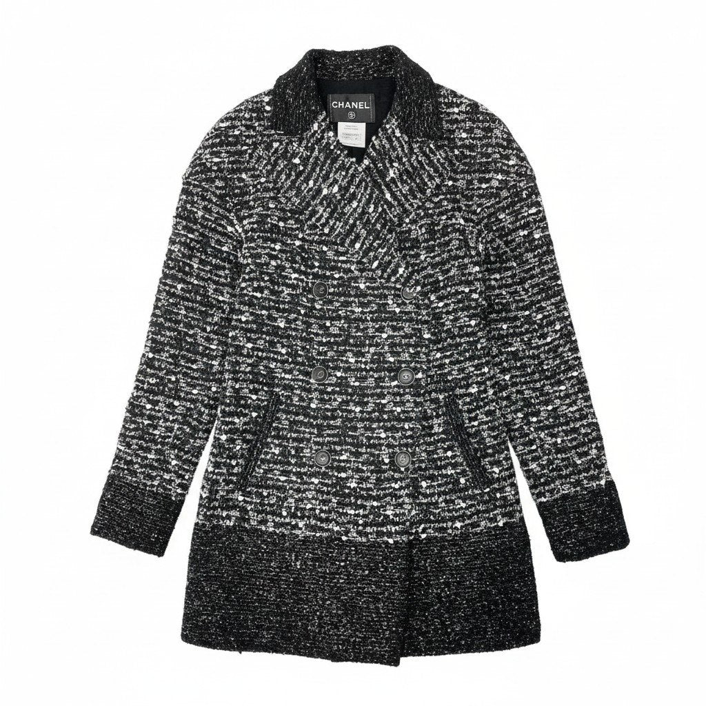 @Cd20 CHANEL Tweed Coat Jacket, Coco Button, Double-Breasted, P41804W04950, Size 38, Gray, Women'snu1
