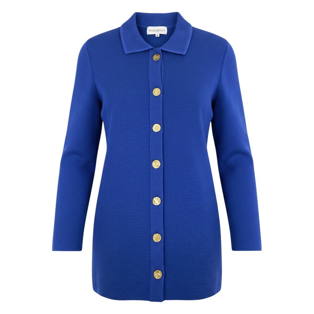 L Eh6 Yves Saint Laurent YSL Logo Gold Button Knit Cardigan Wool Size L Blue Women o07t